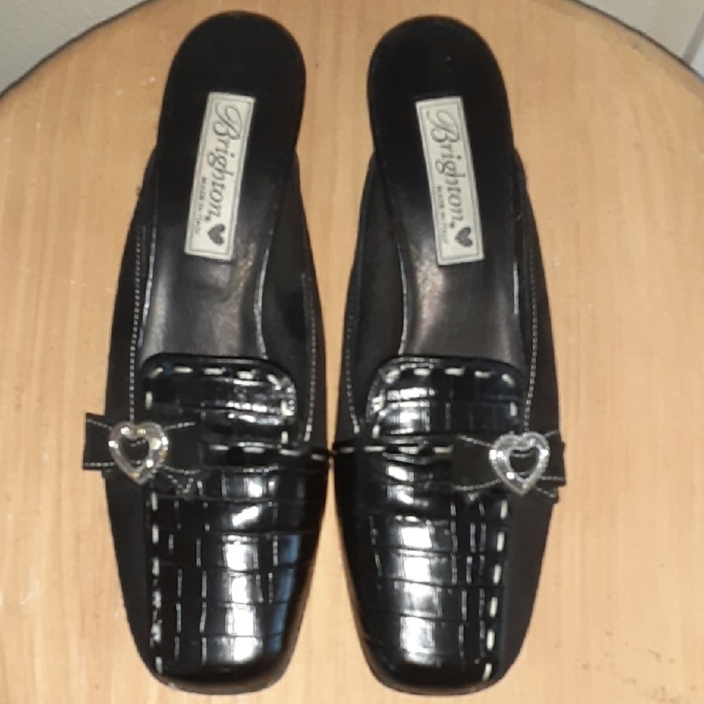 Brighton "Geneva" Black Croc Leather Mules | Silver Heart | Made in Italy- 7.5M